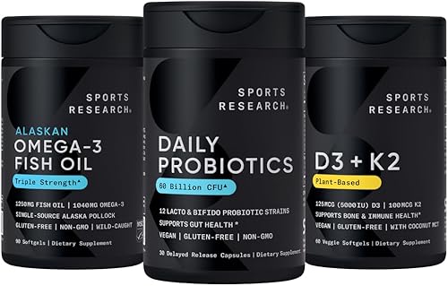 Sports Research Paquete de bienestar corporal – Aceite de pescado omega 3 de Pollock de Alaska salvaje de 1250 mg + probióticos veganos con