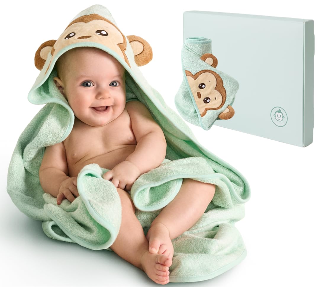 Bamboo Baby Towels with Hood – Mint Green 35x35” | Ultra-Soft Rayon from Bamboo & Cotton Bath Wrap | Adorable Monkey Hood for Newborns, Infants & Toddlers for Boys & Girls