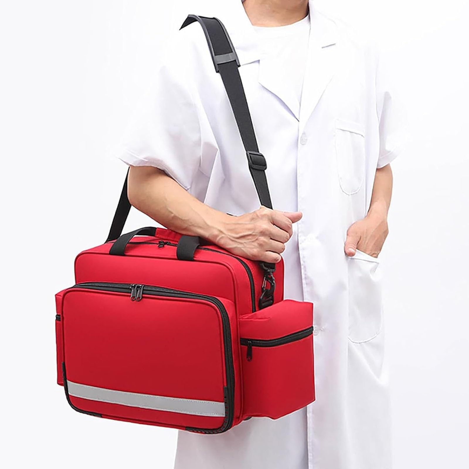 Erste-Hilfe-Set – Notfall-Trauma-Organizer mit reflektierenden Streifen, Design mit mehreren Fächern für Reisen, Camping, Auto und den Außenbereich, rot