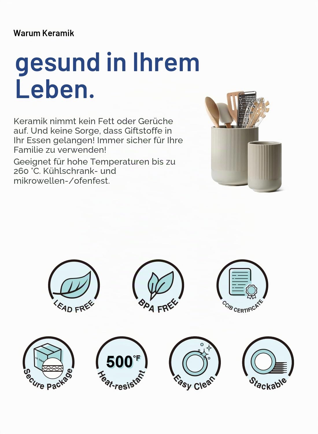 LE TAUCI Küchenutensilienhalter, 18,5+14 cm Keramik Utensilienhalter Küche, Große Küchenhelfer-Halter für die Küchenplatte, Moderner Organizer für Pfannenwender, 2er-Set, Natur-Greige