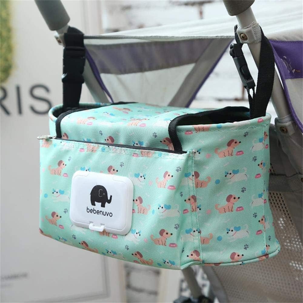 Baby Stroller Organizer with Bottle Cup Holder, Buggy Organiser Diaper Bag Pram Storage Hanging Bag with Wipes Dispenser, Straps and Buckles Large Space for Accessories, Universal Fit, Green Dogs.
