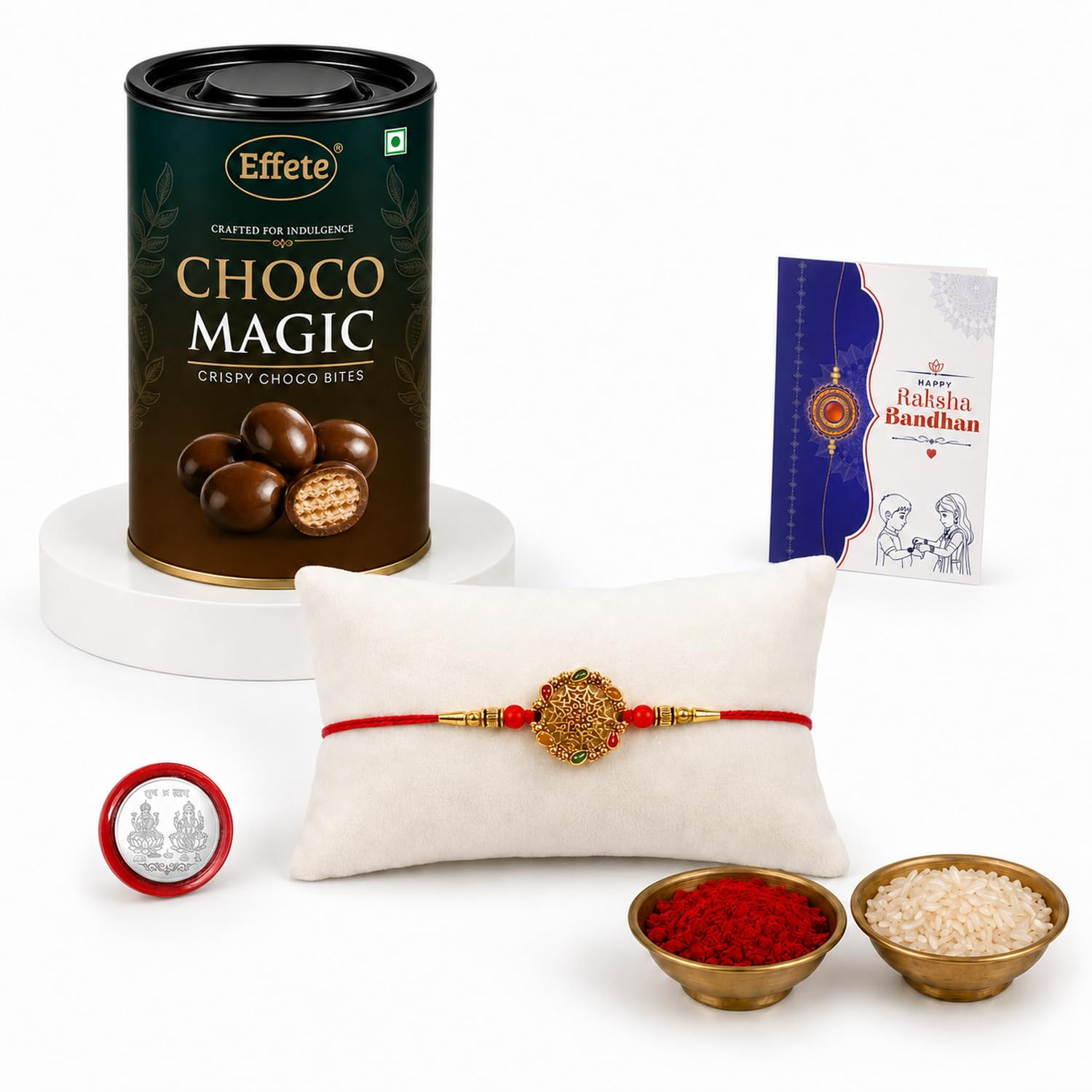 DeoDap Rakhi For Brother Set Of 1 with Silver Color Pooja Coin and Greeting Card For Brother, Bhabhi and Kids, Rakhi With Sweets Chocolate Combo (K1_703_CD)