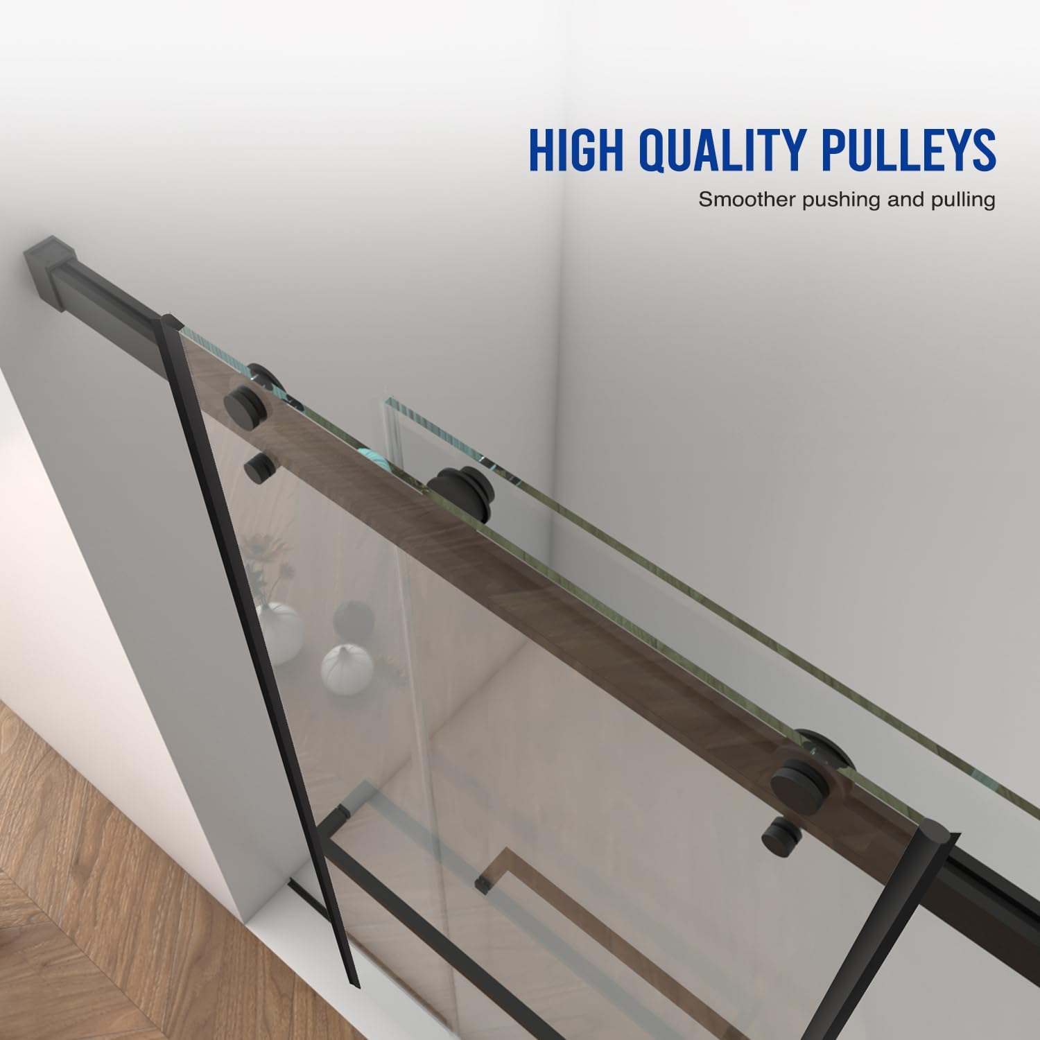 Frameless Double Sliding Shower Door, 56-60" W x 76" H Glass Shower Door, 3/8" (10mm) Thick SGCC Tempered Glass with Soft-Closing Buffer, Stainless Steel Hardware, Matte Black
