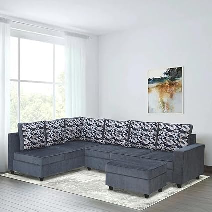 FURNY Apollona 7 Seater Fabric LHS L Shape Sectional Sofa Set with Ottoman (Grey)