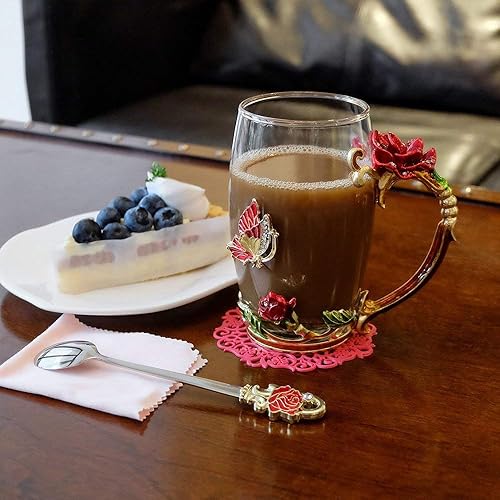 Miniatura 2 de Regalos de cumpleaños para mujeres, taza de té de cristal con diseño de mariposa esmaltada, taza de café rosa roja, regalos lindos para mamá,