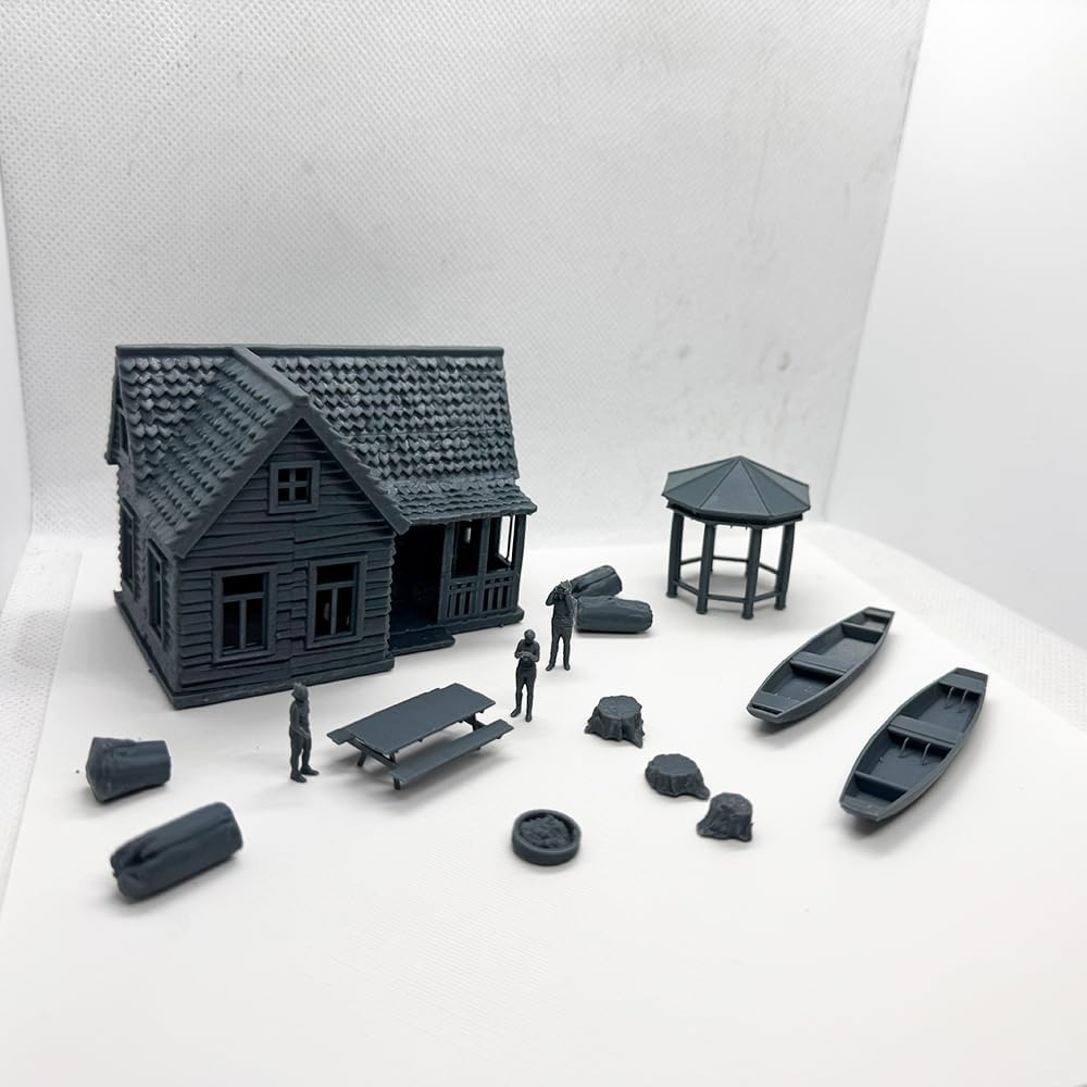 MRY-SFW XJTS87059 1/87 HO Scale 3D Model Railway Train Related Items Gazebo Log Cabin Campfire Table Figures and Small Boat