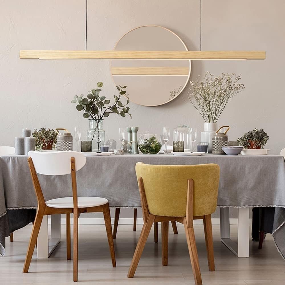 Floating Long Light Modern Wood Hanging Lamp Elegant Rectangular Hanging Lights for Kitchen Island Living Room Study(Pine,3000K)/Pine/6000K