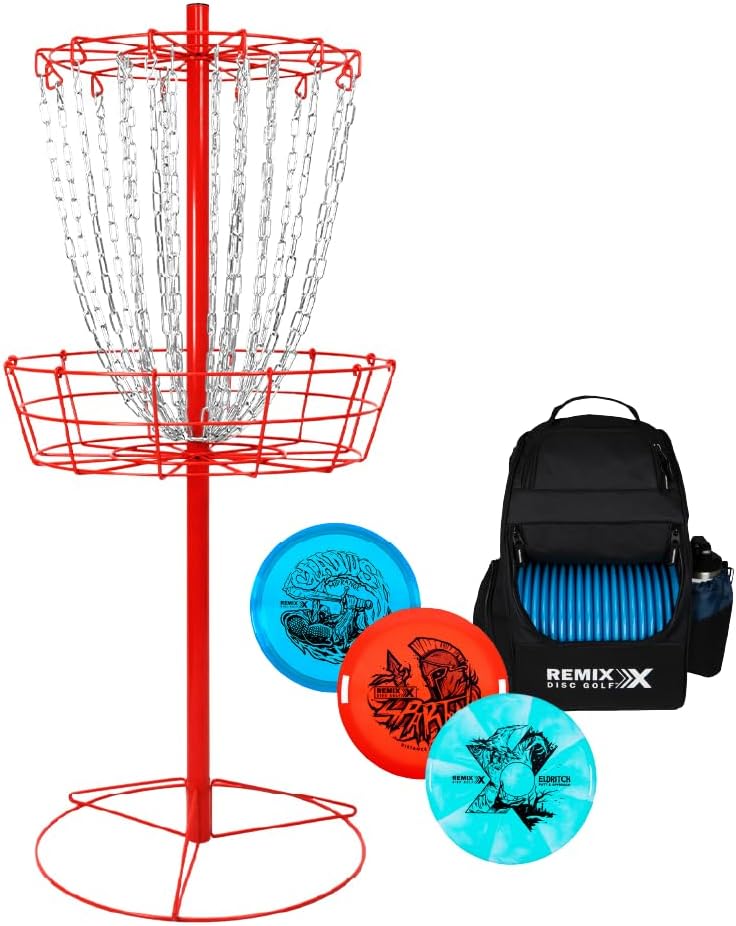 Remix Double Chain Red Disc Golf Basket with Deluxe Backpack and 3 Disc Set