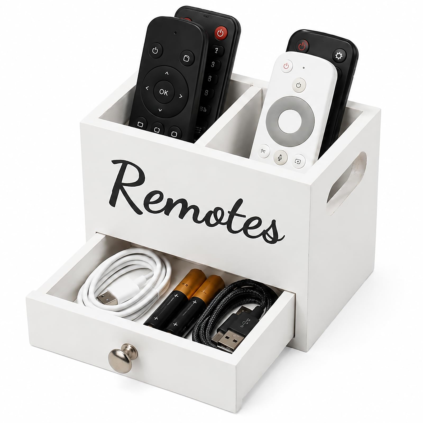 Esyhomi Remote Control Holder, 2-in-1 Wooden TV Remote Holder and Pen Stand, Pen Storage Box for Home Office, 2 Compartments with Drawer Tabletop Storage for Living Room Bedside, Bedroom