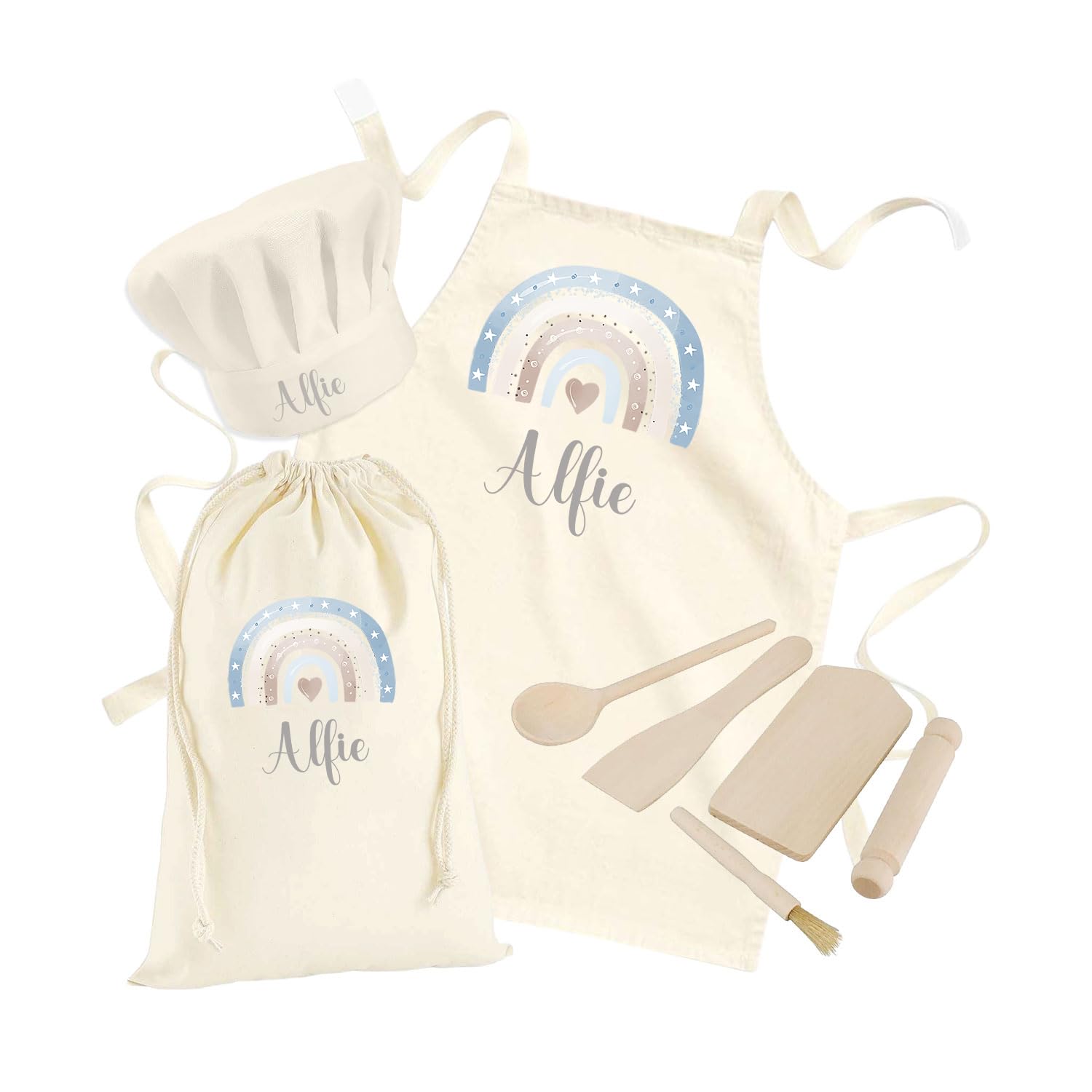 Personalised Kids Aprons For Boys Cooking Childrens Baking Gift Set Custom Apron Kids Cooking Utensils Wooden Tools Blue Rainbow Age 2-10 Set