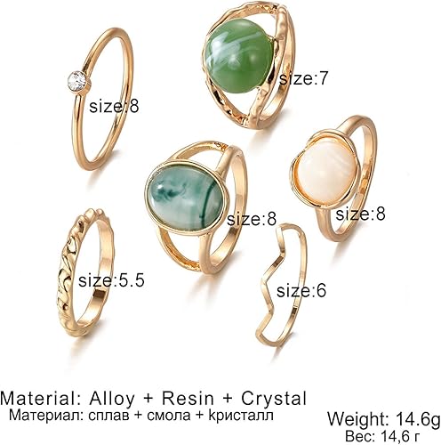 Miniatura 5 de Juego de 6 anillos de diamantes de imitación dorados y verdes para mujer, anillo de piedra preciosa natural, anillo de buena suerte, anillos verdes