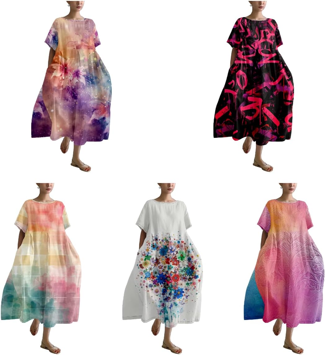 Womens Maxi Dresses 2024 Trendy Fit Comfy Crew Neck Ruffle Hem Short Sleeve T Shirt Dress Soft Maxi Dress - Image 2