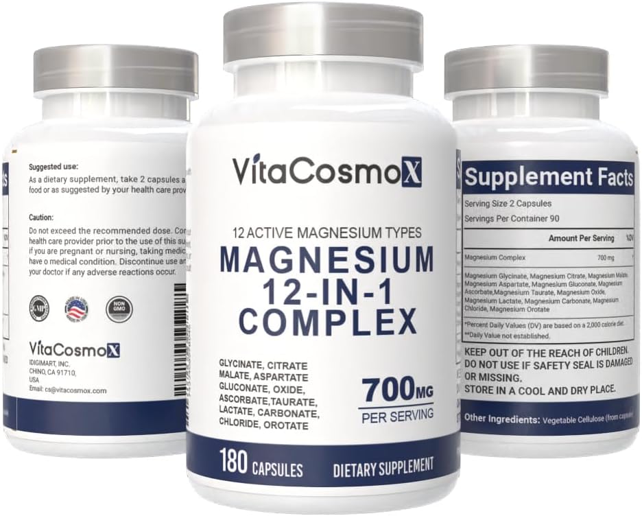 Magnesium Complex 700mg – 12-in-1 Magnesium Supplement with Glycinate, Citrate, Malate, Oxide, Taurate & More – High Absorption, 180 Capsules, 90 Servings, Non-GMO - Image 3