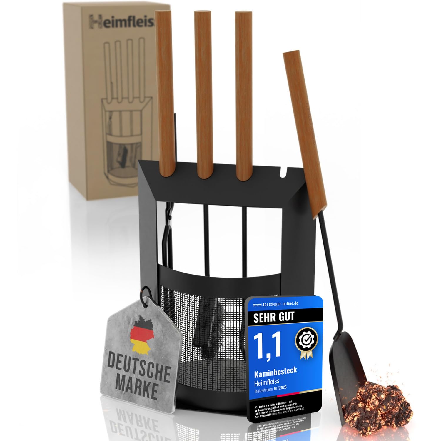 Heimfleiss® Kaminbesteck Schwarz inkl. Schürhaken, Kehrset & Holzzange | Ofenbesteck Set aus Schwerlaststahl mit Holzgriffen | Modernes Kaminofen Besteck | Kamingarnitur für Ofen | Kaminzubehör