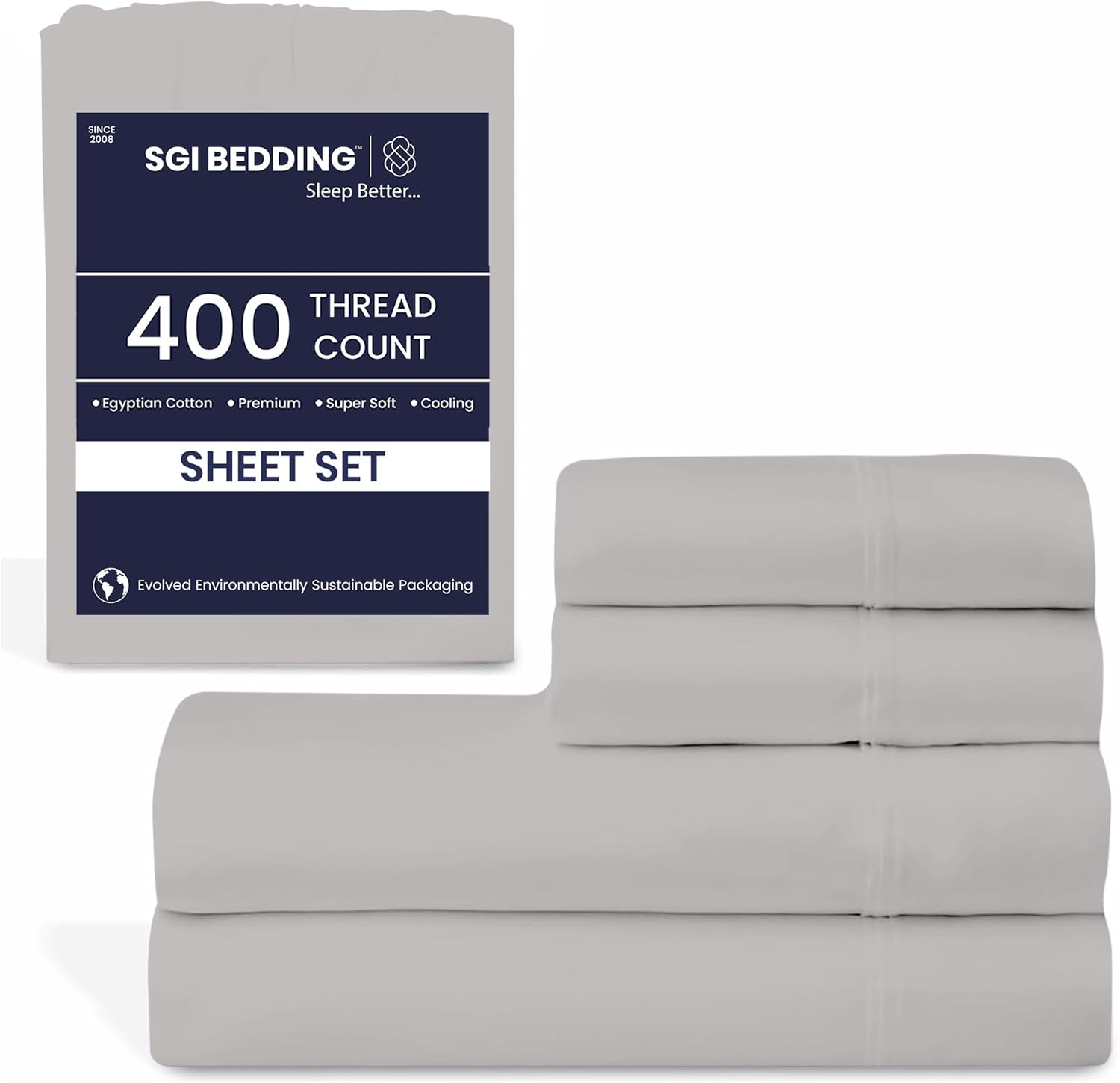 SGI 400 Thread Count 100% Egyptian Cotton King Sheet Set Ultra Soft, Breathable, Deep Pocket 15 Fitted, Durable & Luxurious 4-Piece Bedding Set for Hotel-Quality Comfort, Light Gray Sheets