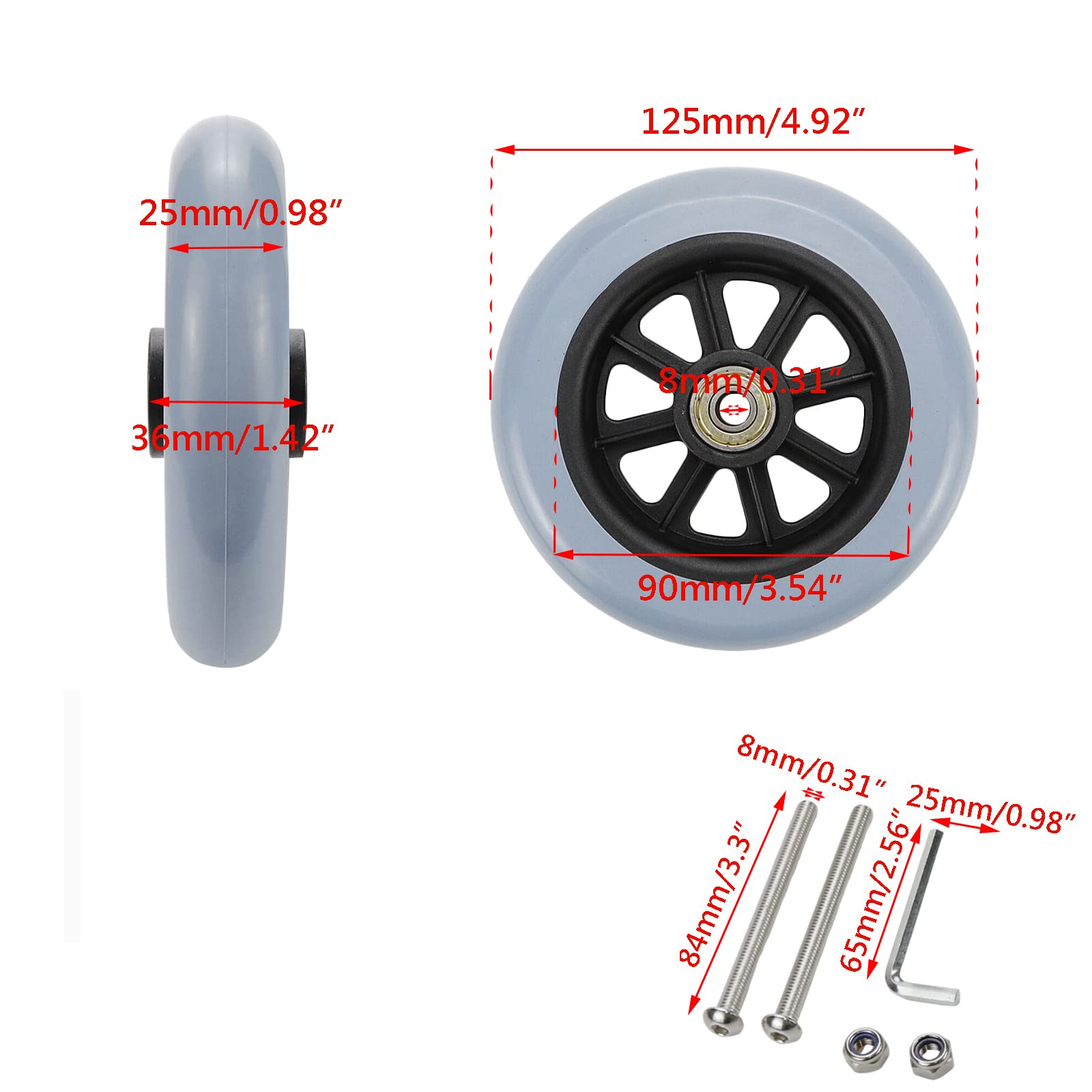 Wealrit 2 Pack Replacement Wheels for Wheelchairs - 5 Inch (Gray) — Amazon image 2