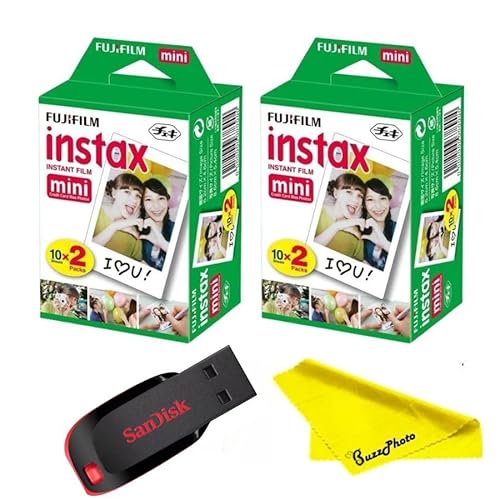 Fujifilm Instax Mini Instant Camera Film with Sandisk 32 GB USB Flash Drive + 2 x Mini Twin Packs (40 Sheets) and Buzz-Photo Microfiber Cleaning Cloth - 2 Twin-Pack