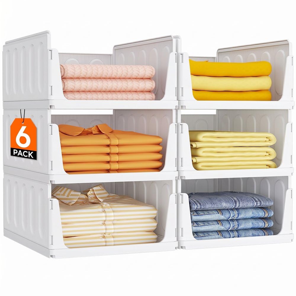Lifewit 6 Pack Organizador y Canasta Apilable para Clóset, Cajas de Plástico para Ropa y Suéteres, Acomodo de Guardarropa, Organizador Multiusos para RV, Despensa, Cocina, Dormitorio, 12,6"/32 cm (L)