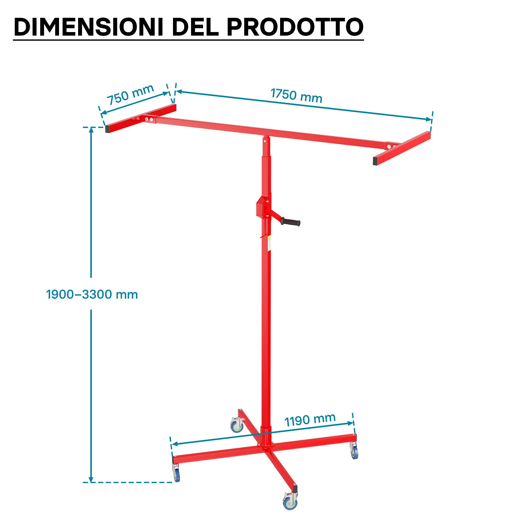 Wiltec Alzalastre per cartongesso fino a max. 50 kg, altezza 190-330 cm, ausilio di montaggio per cartongesso, sollevatore per pannelli con 4 ruote, freni di stazionamento