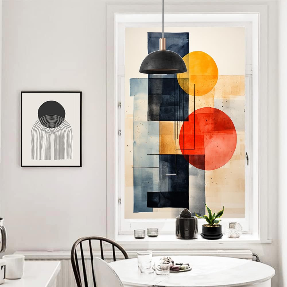 Vintage Muster Fensterfolie Hitzeblockierung Bunte Geometrische Bilder Privatsphäre Fenster Dekor Glastür Abdeckung Nicht Klebende Fensteraufkleber für Badezimmer Küche 90x160cm