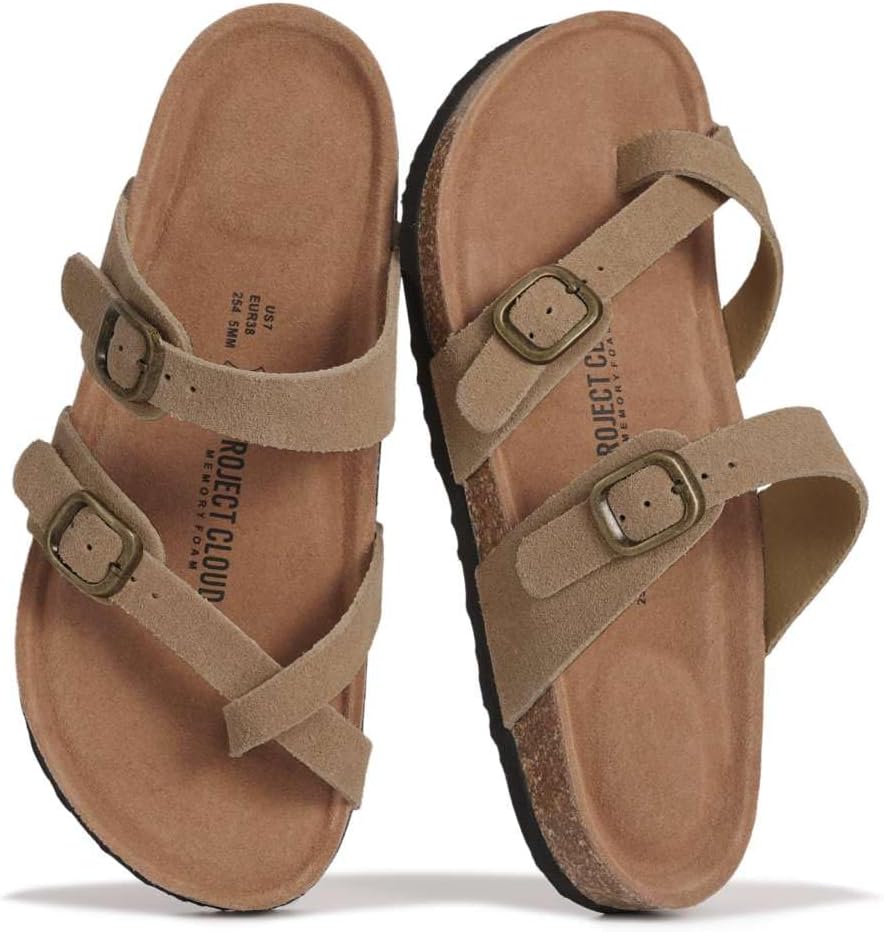 Project Cloud 100% Genuine Leather Womens Sandals -Lightweight Womens Slides Memory Foam Insole & Cork Footbed Sandals Women – Non-Slip Beach Essentials Summer Sandals for Women 2026 (Lian)