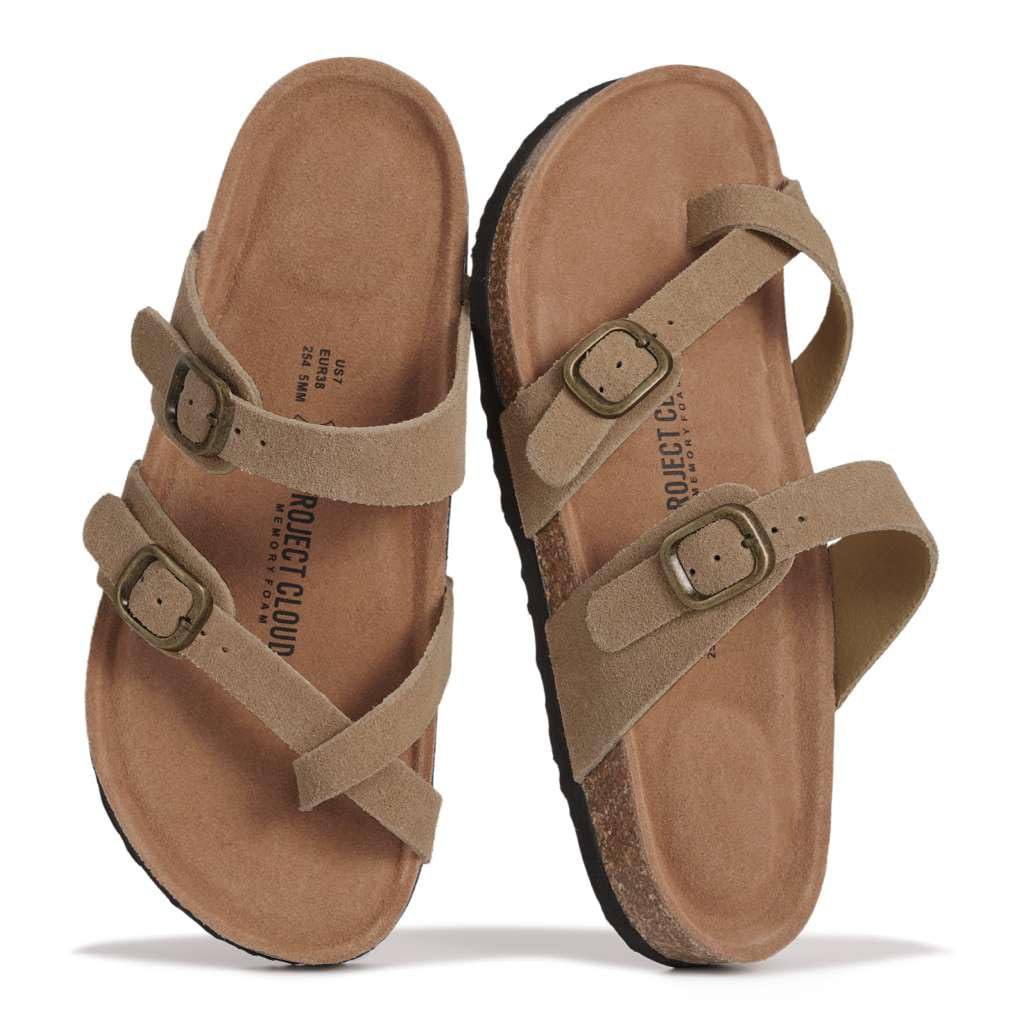 Project Cloud 100 Genuine Leather Womens Sandals -Lightweight Womens Slides Memory Foam Insole Cork Footbed Sandals Women -