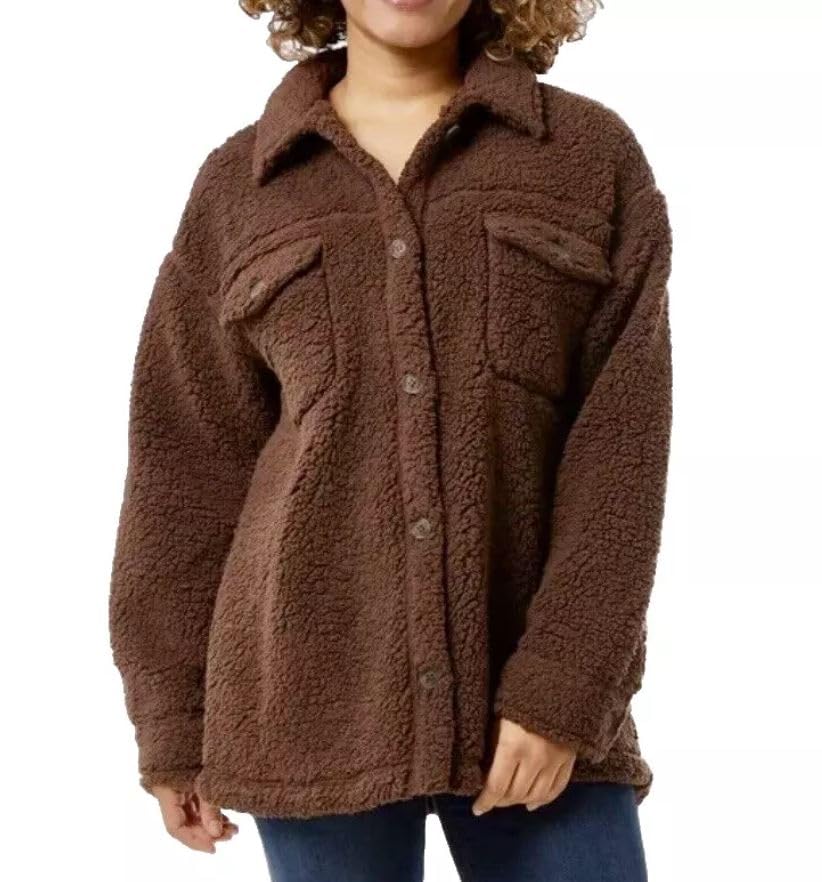 32 Degrees Women's Cozy Fleece Shirt Jacket Oversized, Brown, XL/XXL
