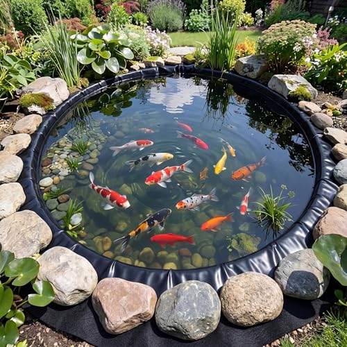 Image of Fanfanwin 12 ft Round Pond Liner Underlayment with 10 U-pins, 6oz, Black