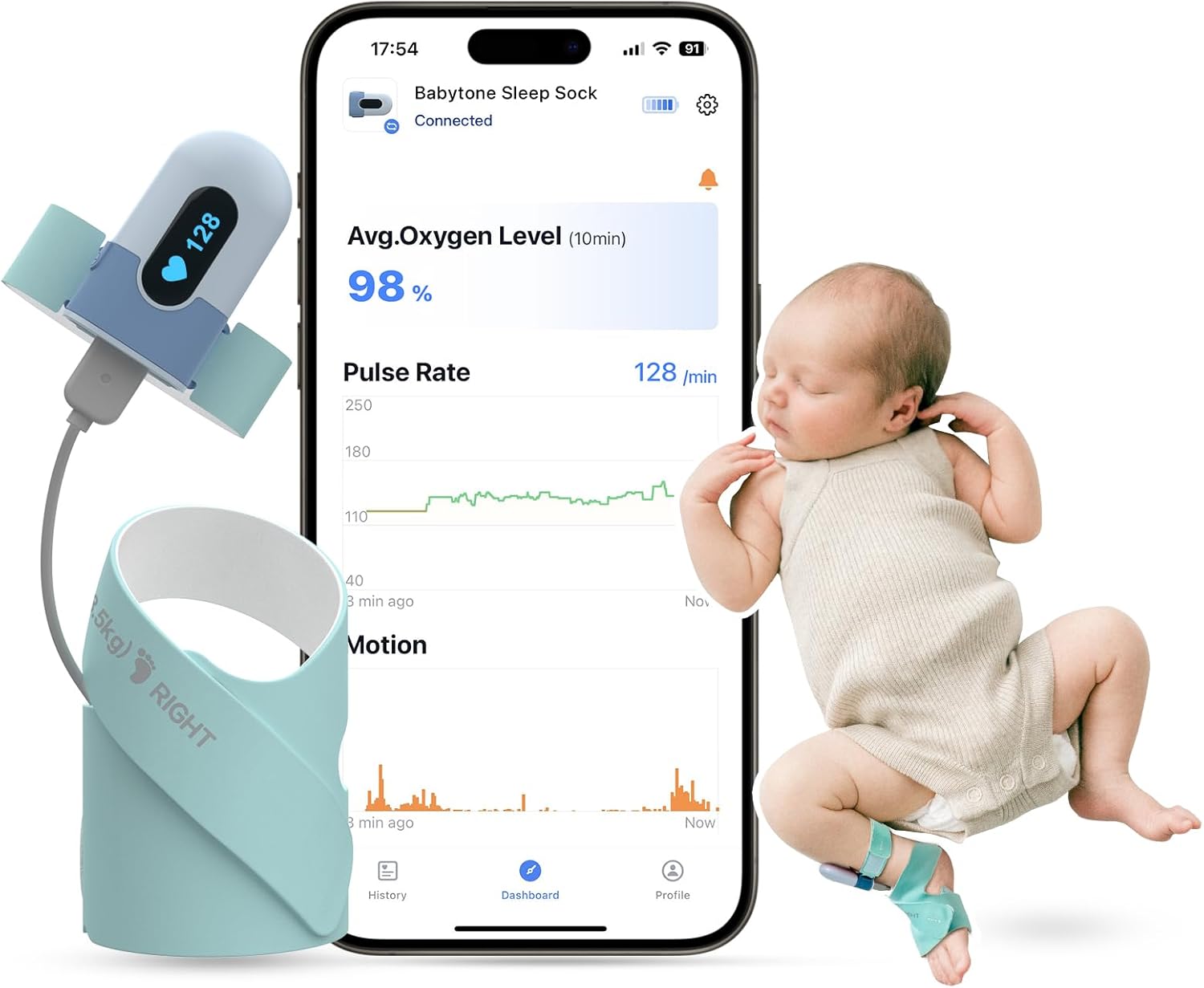 Babytone Baby Sleep Sock Monitor, Tracking Heart Rate and Movement for Infant, Wearable Foot Monitor Smart Sock with Bluetooth and APP, for 0-36 Months Newborn