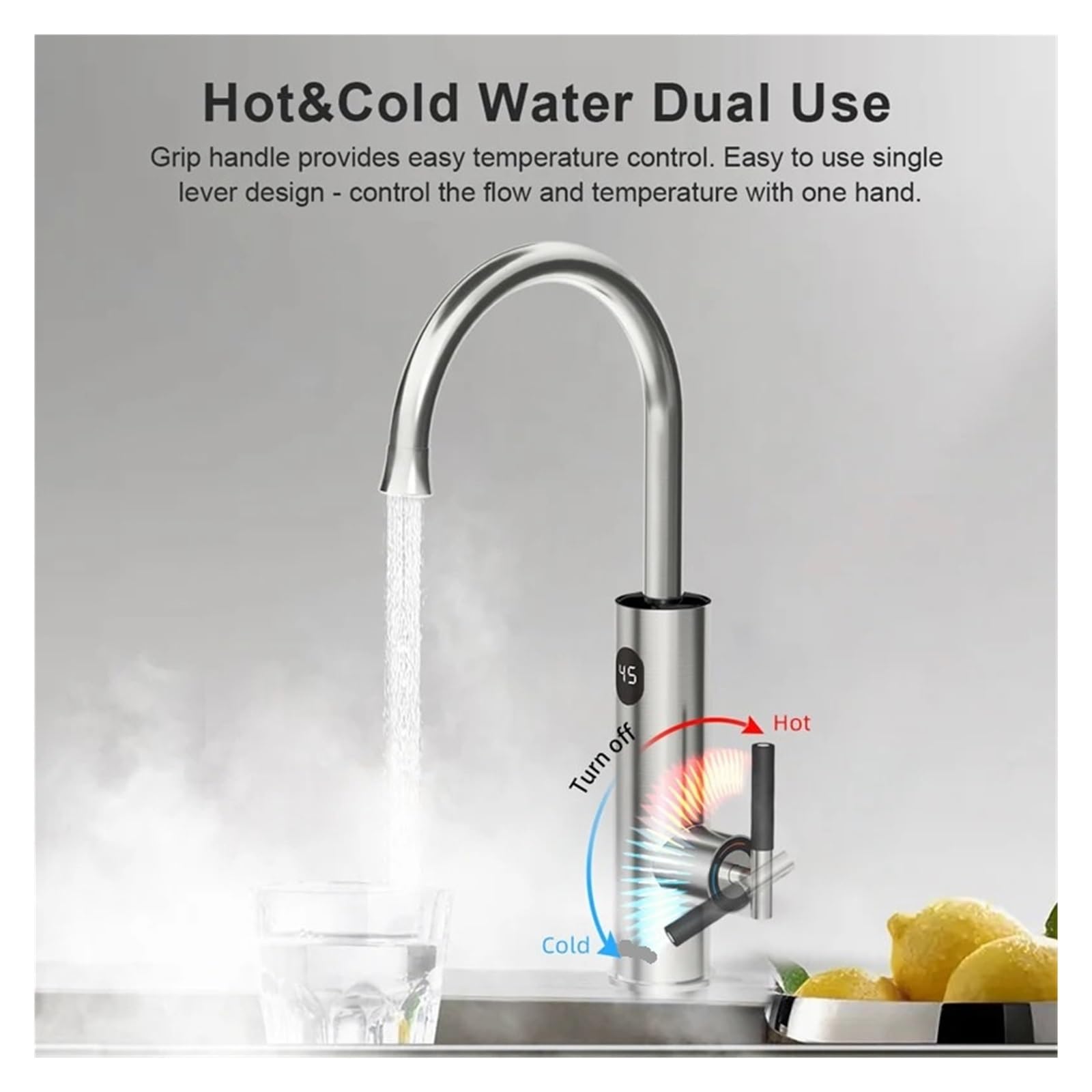 QHQQXN Grifo de Agua Caliente instantáneo, Grifo eléctrico de con Boquilla Flexible, caño de Acero Inoxidable, Accesorio para Fregadero de Cocina de Calentamiento rápido, diseño Plateado Moderno para