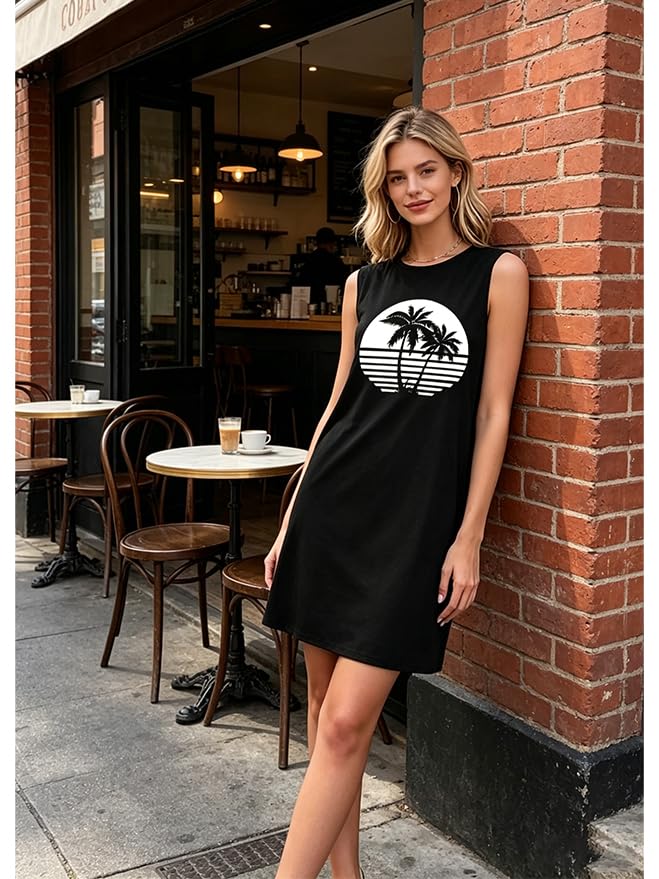 Image of Sun Salt Sand Coconut Tree Tank Mini Dress for Women Sleeveless Beach Praty Shirts Summer Vacation Short Mini Dresses