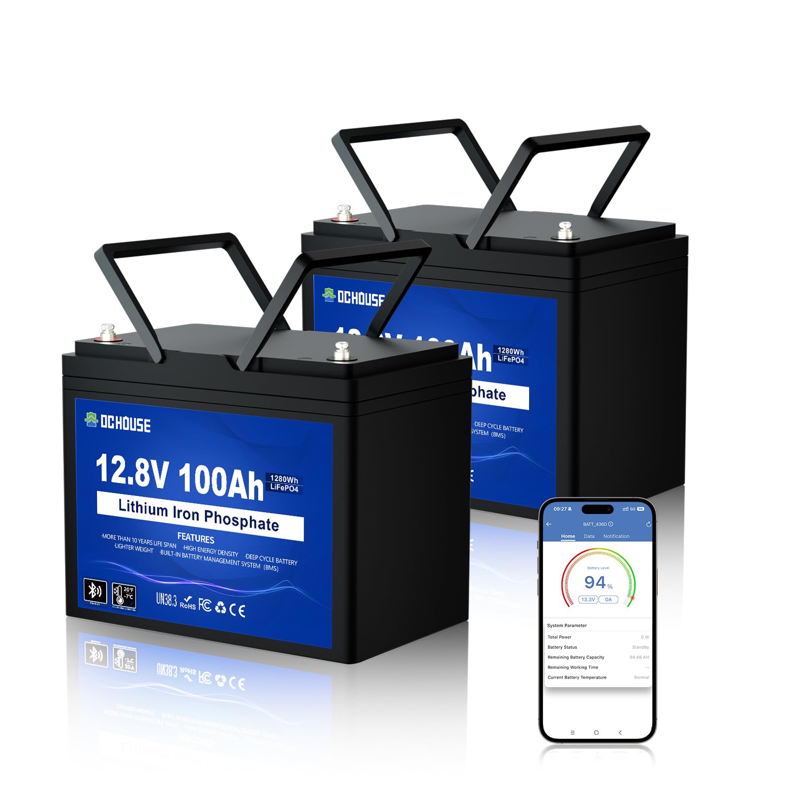 DCHOUSE 2 Pack 12V 100Ah Bluetooth LiFePO4 Batterie mit 100A BMS