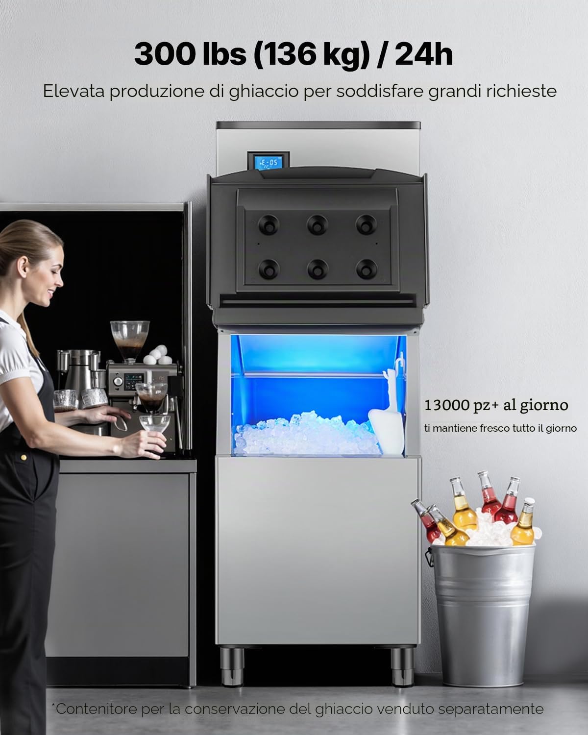 VEVOR Macchina per Ghiaccio Commerciale in Acciaio Inox 565 x 560 mm, Autopulente e Produzione Ghiaccio, Macchina per Cubetti di Ghiaccio Modulare per Ristoranti Solo Testa 136 kg/Giorno