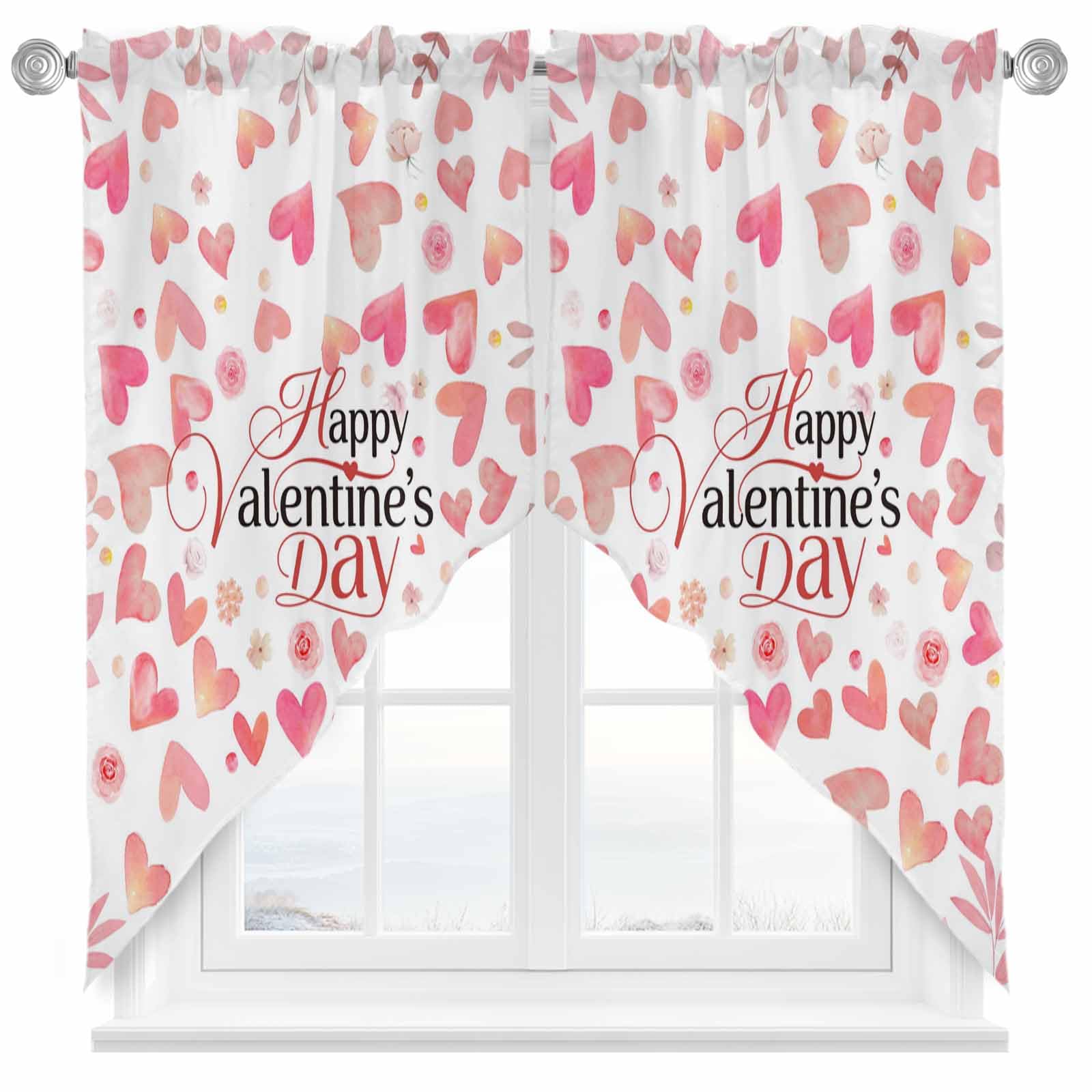 Lsrtoss Valentine's Day Swag Valances for Windows, Kitchen Window Curtains Over Sink, Peach Pink Love Floral Modern Romantic Window Treatment Curtains for Living Room/Bedroom Curtain 2 Panel 36"x45"