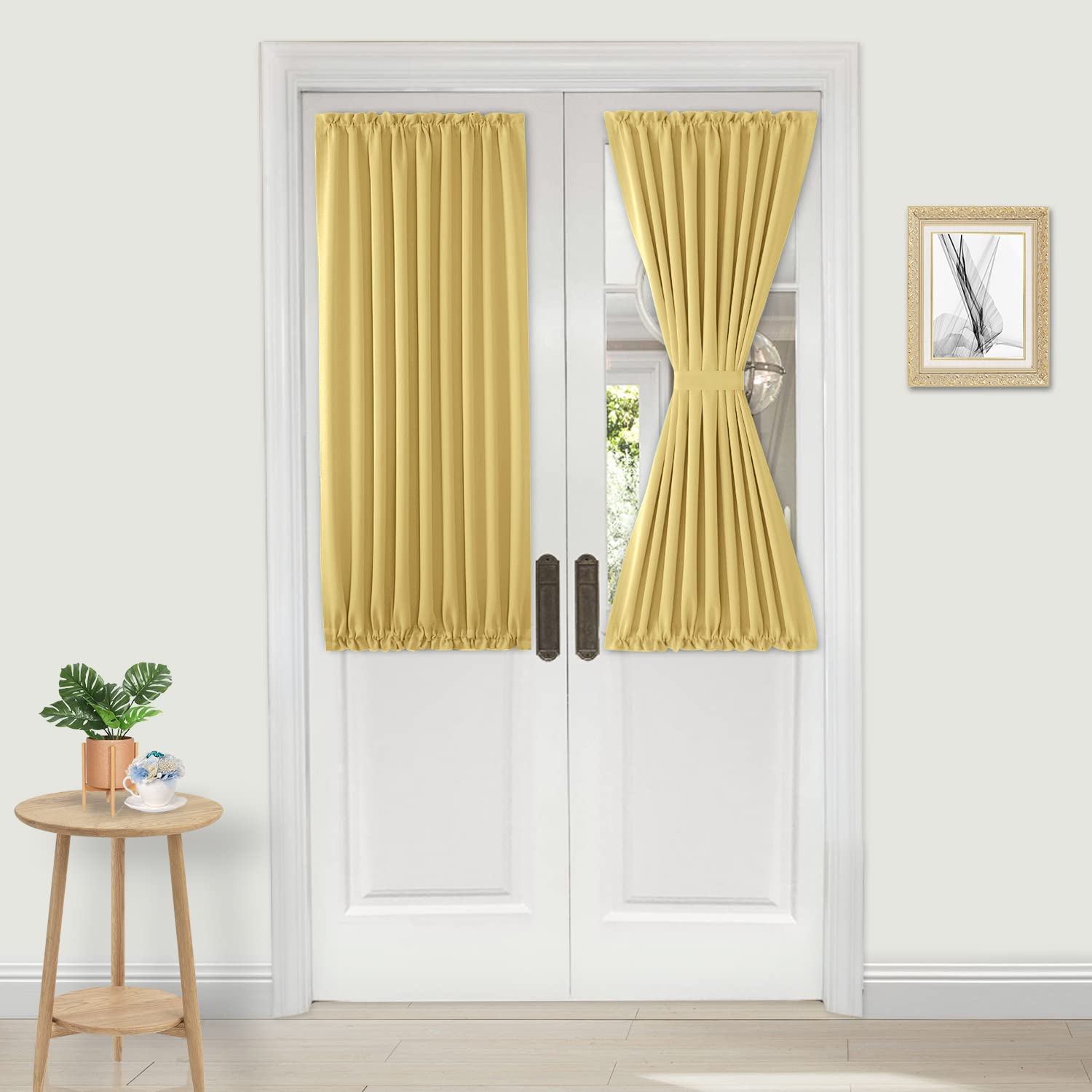 DWCN French Door Curtains â€“ Rod Pocket Thermal Blackout Curtain for Doors with Glass Window, Kitchen and Patio Doors for Privacy, 25 X 40 Inches Long, 1 Curtain Panel with Tieback, Light Yellow