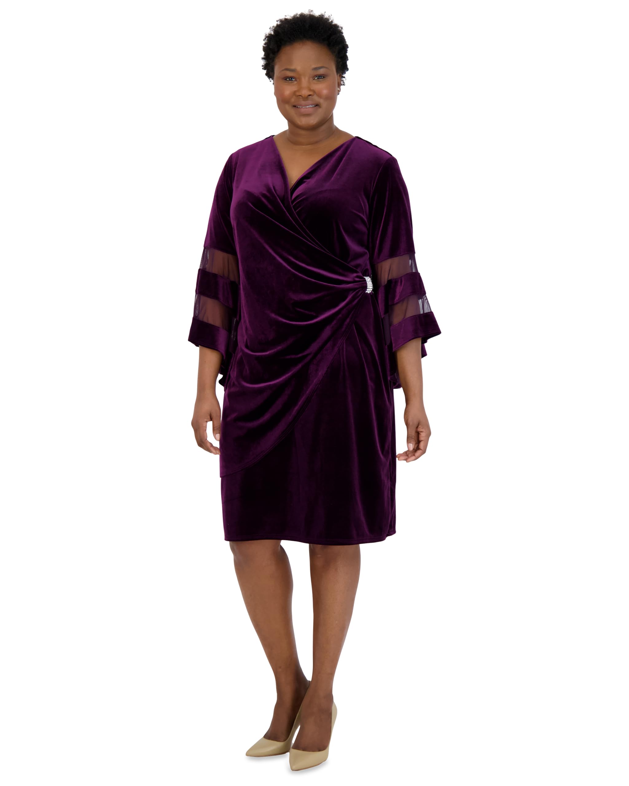 R&M Richards Knee Length Wrap Velvet Dress W/Sheer Trim Angel Sleeve (Size 22W)