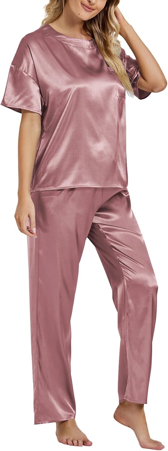 LYANER Women's Satin Silk Pajama Set Short Sleeve T-shirt with Pants Set PJ Loungewear - Image 4
