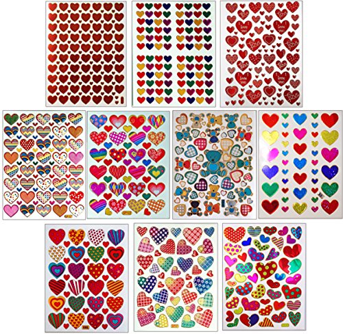 Jazzstick 10-Sheet Valentines Heart Stickers Glitter Red & Colors Value Pack Bulk 02