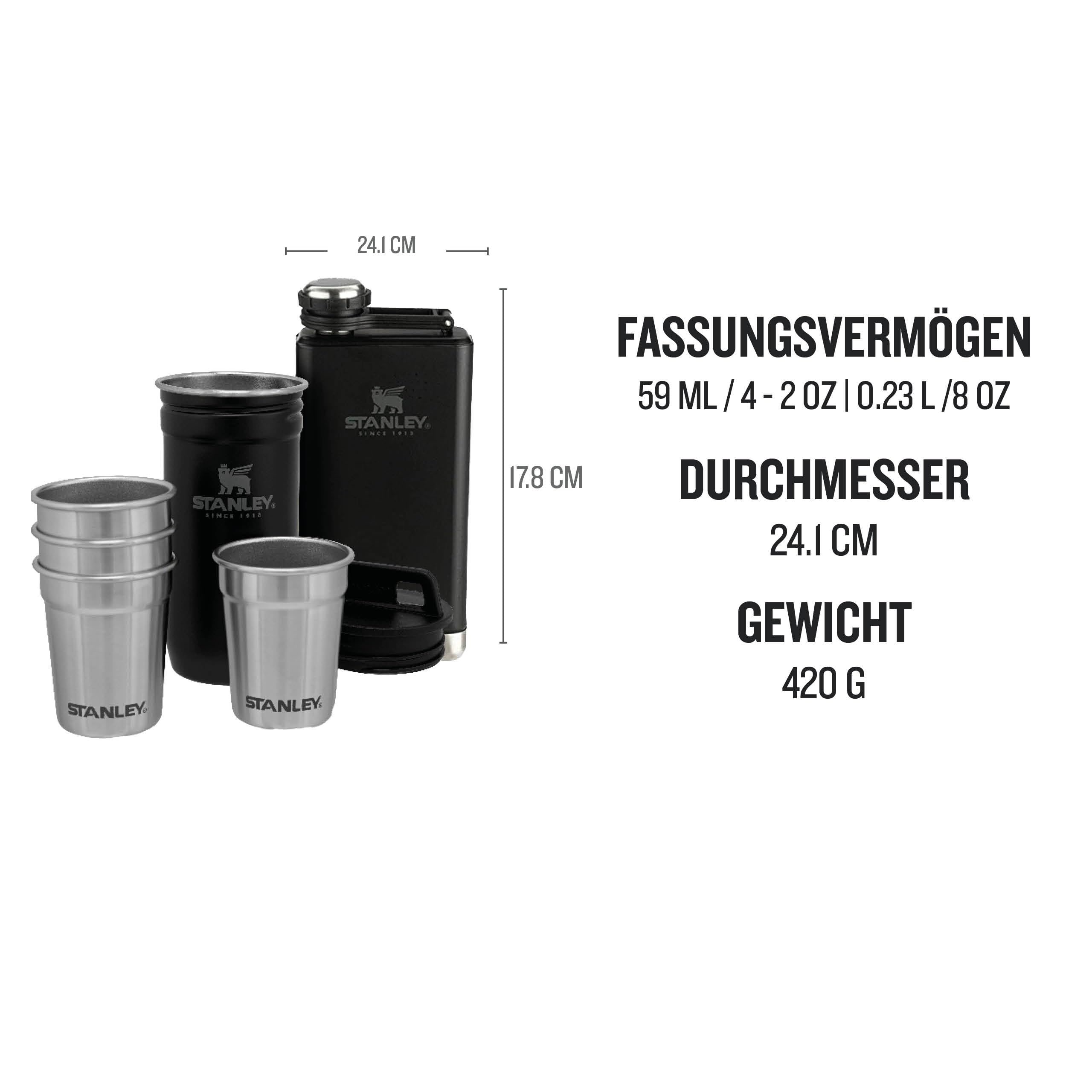 Stanley 1913 Adventure Pre-Party Set - Matte Black | 6-teiliges Set - Flachmann und Shotgläser - BPA-frei - Stapelbar - Spülmaschinenfest