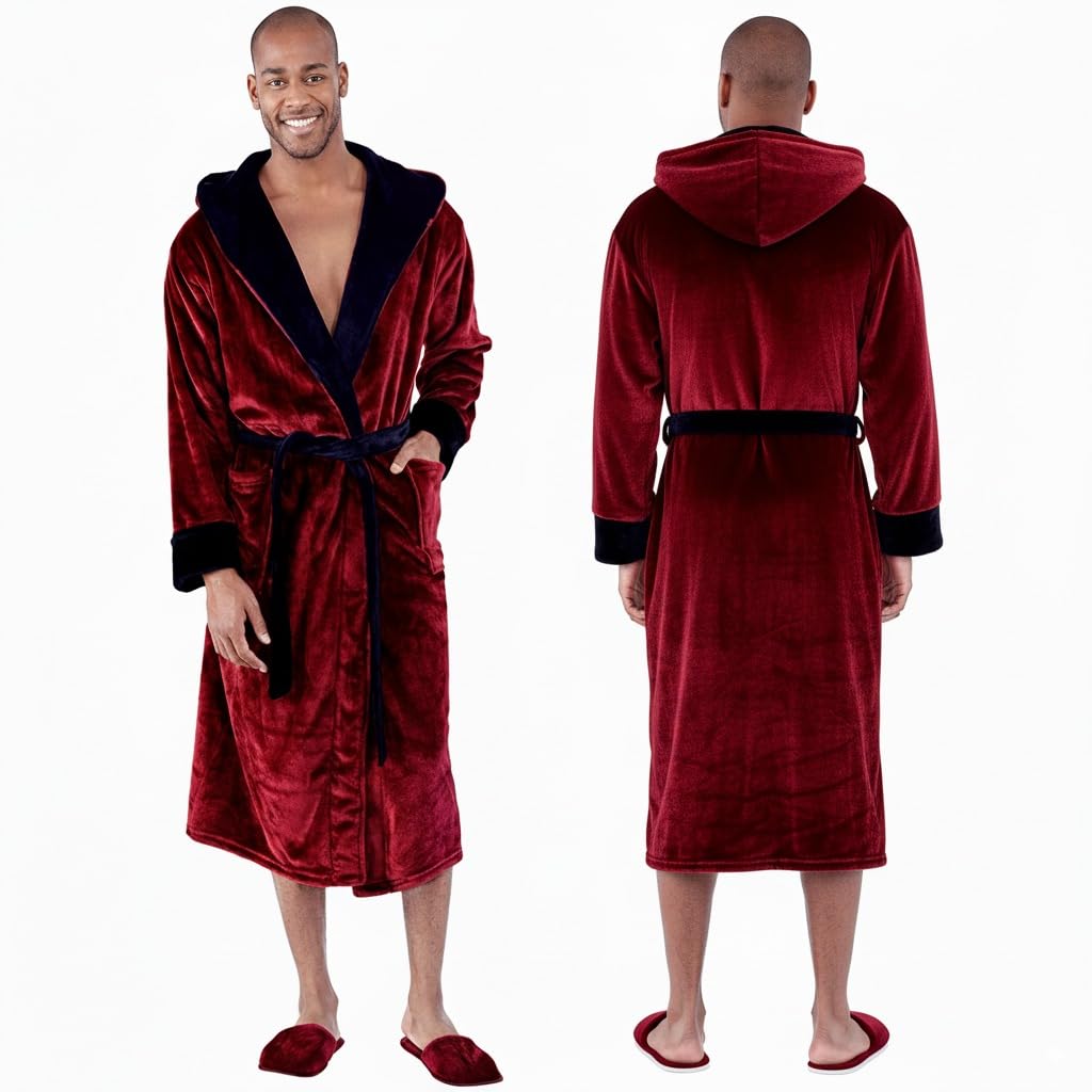Lotus Linen Mens Plush Robe, Soft Hooded Long Robes for Men, Luxury mens bathrobes, Burgundy-black, Large-image-27
