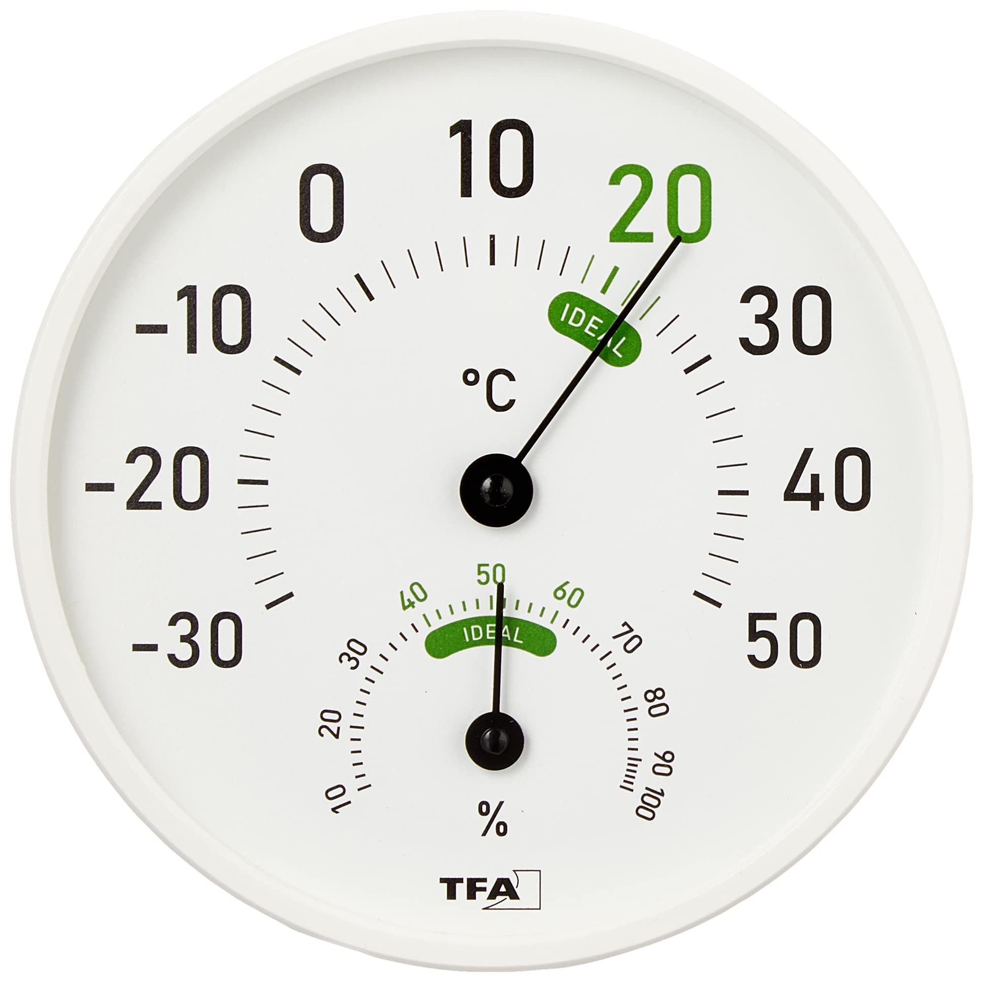 TFA Dostmann Termometro Igrometro, Termoigrometro analogico, Clima Interno Ambiente, 45.2045.02, per Interni ed Esterni, Temperatura e umidità con Zone di Comfort Colorate, Bianco