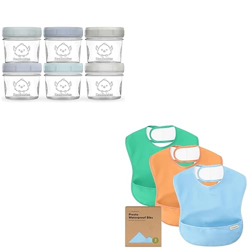 KeaBabies Paquete de 6 recipientes de vidrio para alimentos para bebés y 3 baberos impermeables para comer, 4 onzas, a prueba de fugas, para