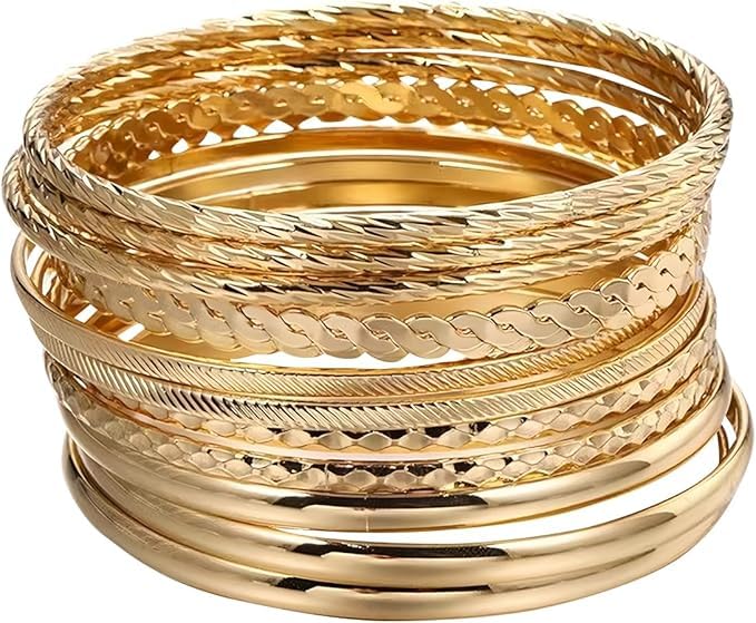 MisFun Armreif Gold, 12 Stück Armreifen Damen, Goldener Schmuck Women, Stapelarmbänder Boho Mode Armbänder Damen, Stapelbare Mehrschichtiges Armband, Glattes Armbandset...