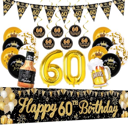 Juego de decoraciones de cumpleaños número 60, pancartas de 60 cumpleaños de color negro y dorado, 60 cumpleaños, banderas triangulares para decoración de fiesta de 60 cumpleaños, suministros de