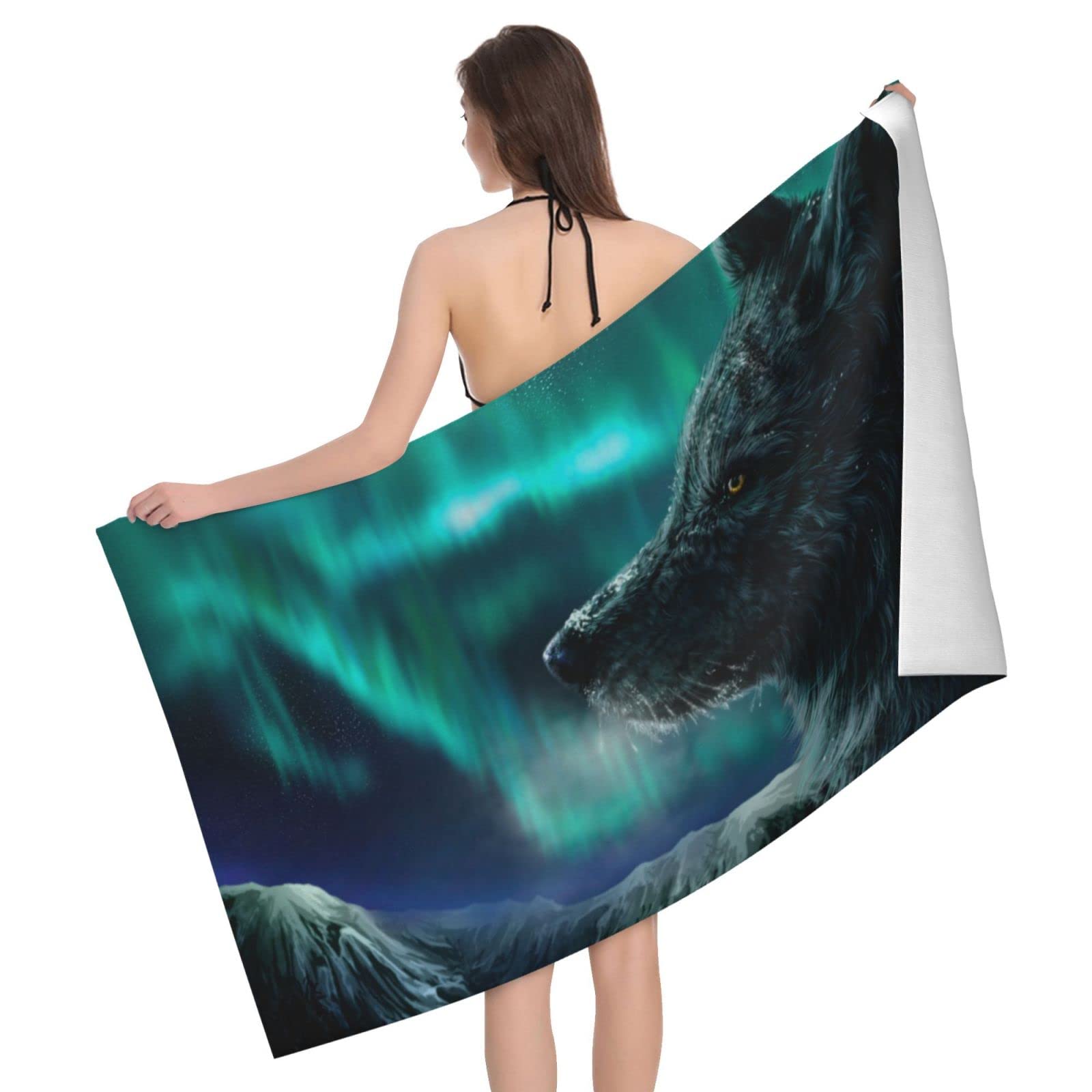 Lawenp Northern Lights Wolf Beach Towel, Lightweight Sand Free Quick Dry Microfiber Absorbent Bath Towel for Kids, Adults, Swimming, Bath, Yoga, Pool, Travel, Camping 32"X52"