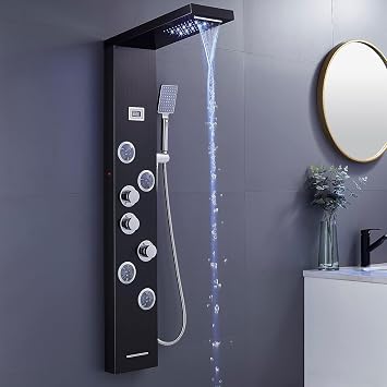 Shower Tower 304 Stainless Steel Multi-Function (Waterfall Rainfall, Handheld, Bathtub Spout, LED Light, Celsius Temperature Display) Shower Column for Home Hotel Resort Renovation,Black