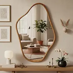 Espelho Organico Ondulado 60X40cm Moldura em Madeira Natural Luxuoso MDF 6mm e Vidro 3mm com Pendurador