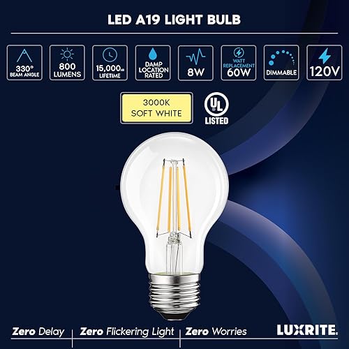 Miniatura 7 de LUXRITE Bombillas LED vintage A19 equivalente a 60 W, 3000 K blanco suave regulable, 800 lúmenes, bombilla LED Edison estándar de 8 W, certificación