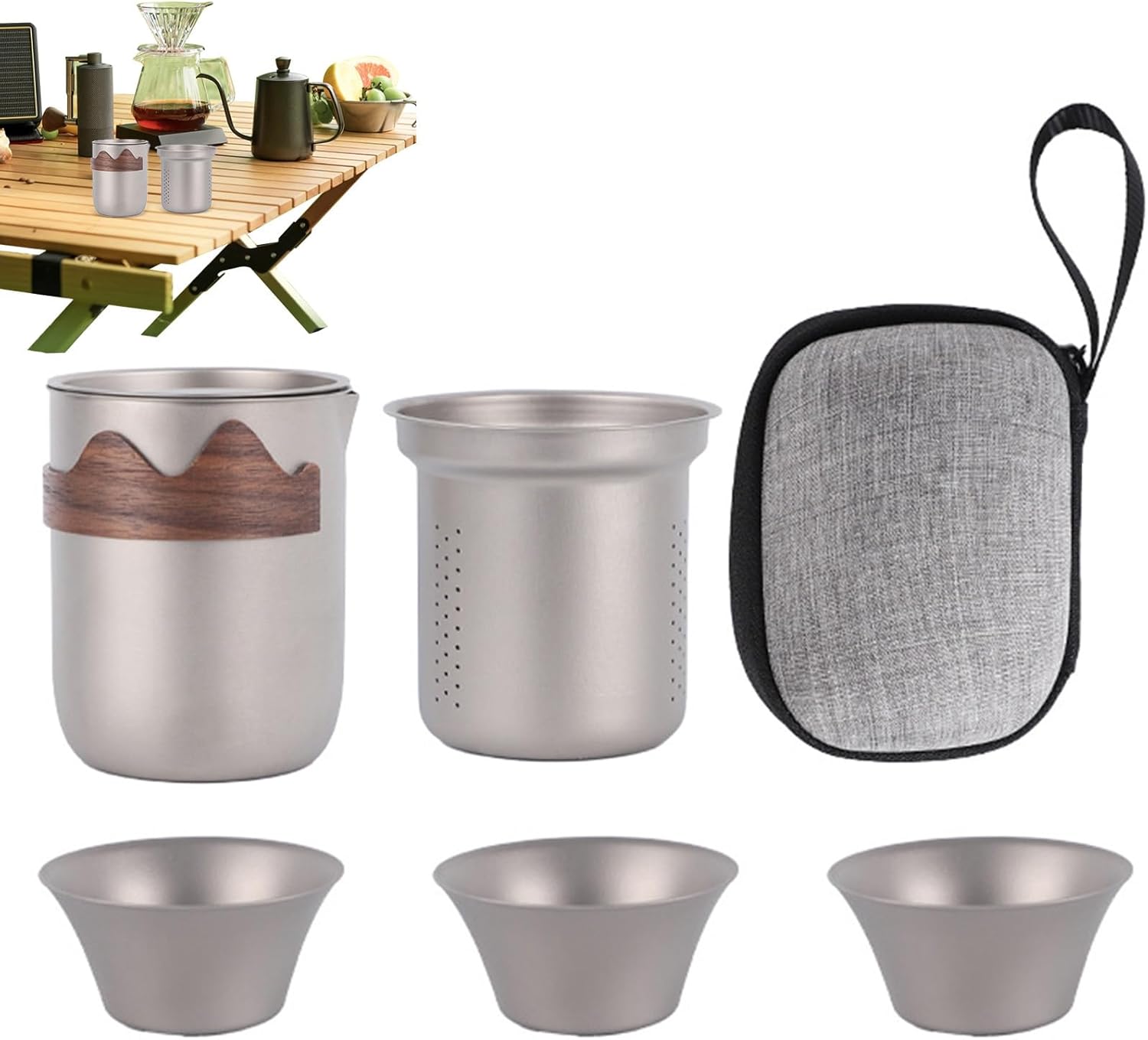 チタン製 旅行用 ティーセット,アウトドア キャンプ 茶器 | ストレーナー付き ティーポット | ハイカー キャンパー ピクニック