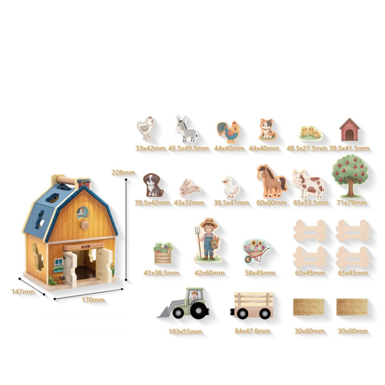 Sharplace Granja de Madera para Niños Juguete Infantil Granero Tractor Remolque Figura de con Puertas Abatibles y Clasificador de Formas Adecuado para Preescolar Guardería Sala de Juegos